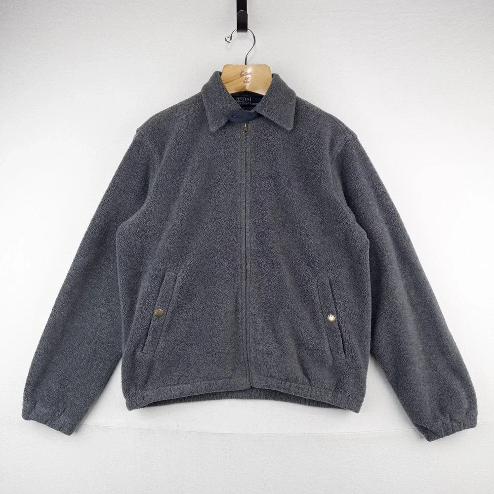 90's Vtg Polo Ralph Lauren Men's S Fleece Chin Strap Harrington Jacket Gray